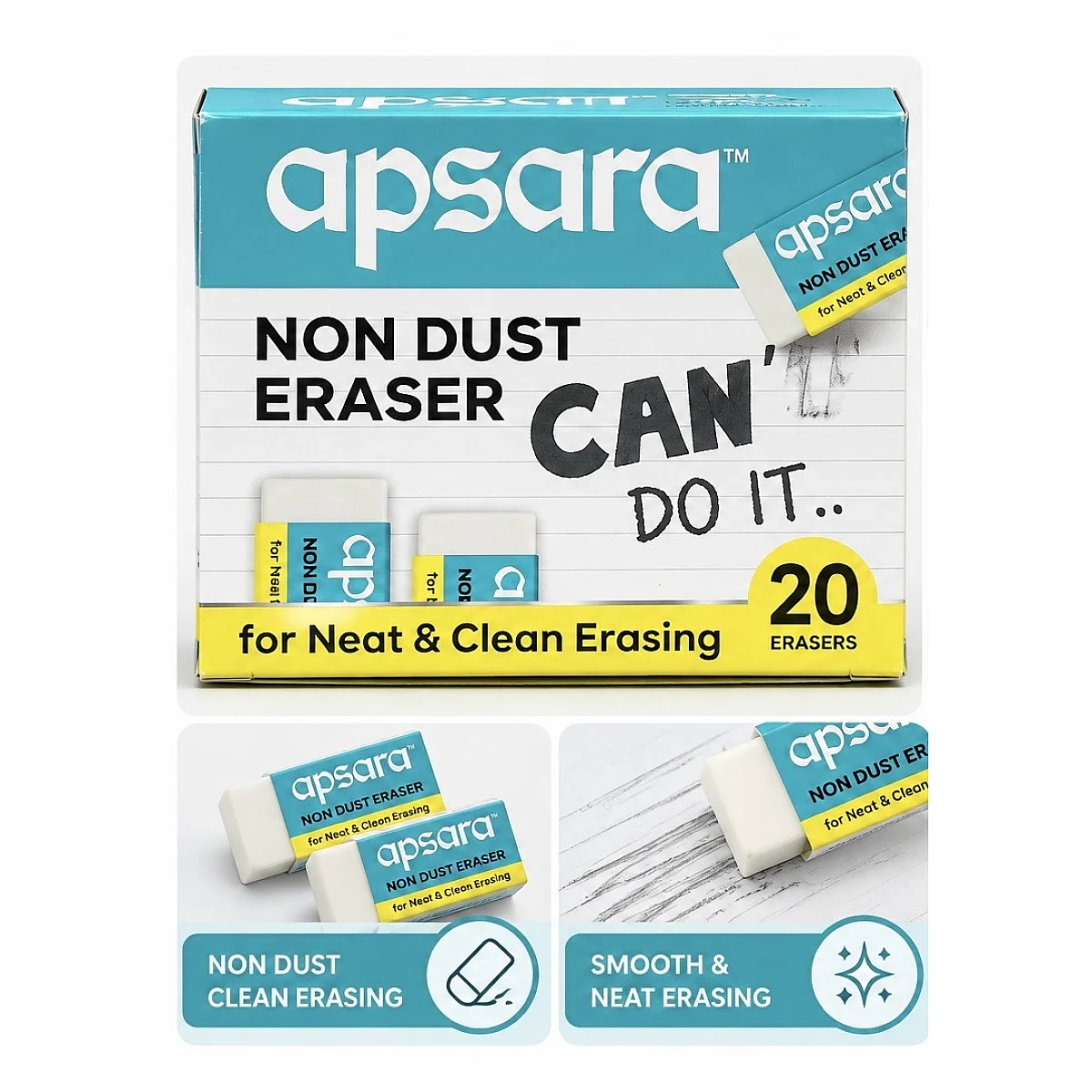 Apsara Non Dust Eraser (Pack of 20)