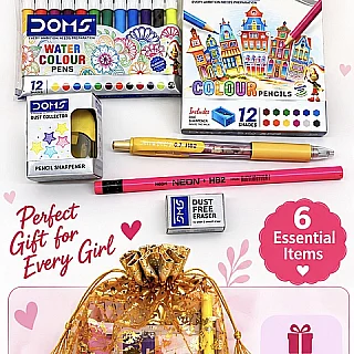 Kanya Pujan Stationery Gift Hamper | 6-in-1 Kids Return Gift Set in Golden Net Potli Pouch